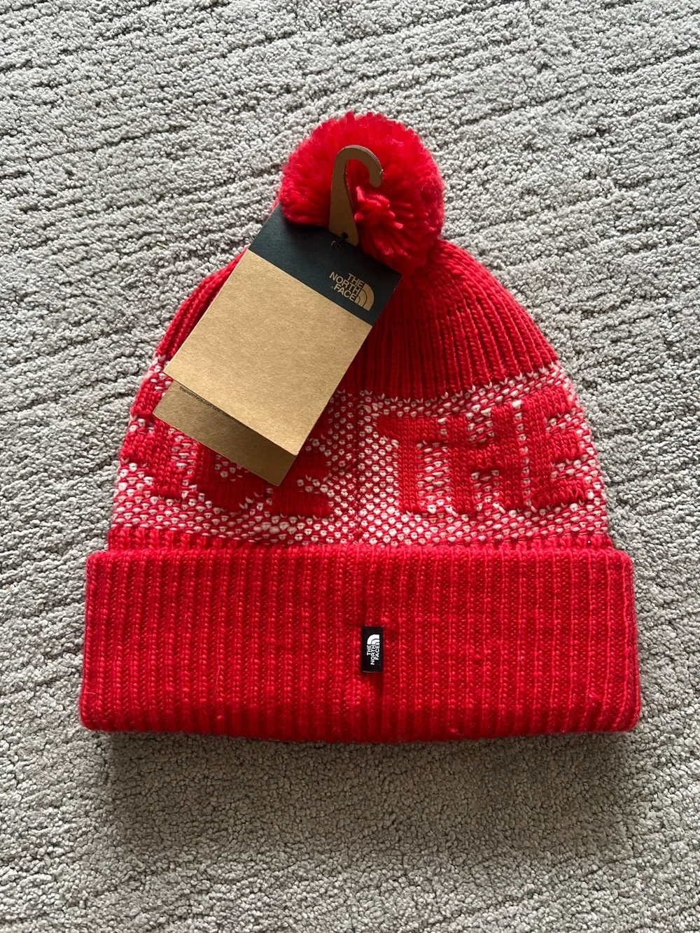 The North Face Retro Cabin Beanie, Red and White
